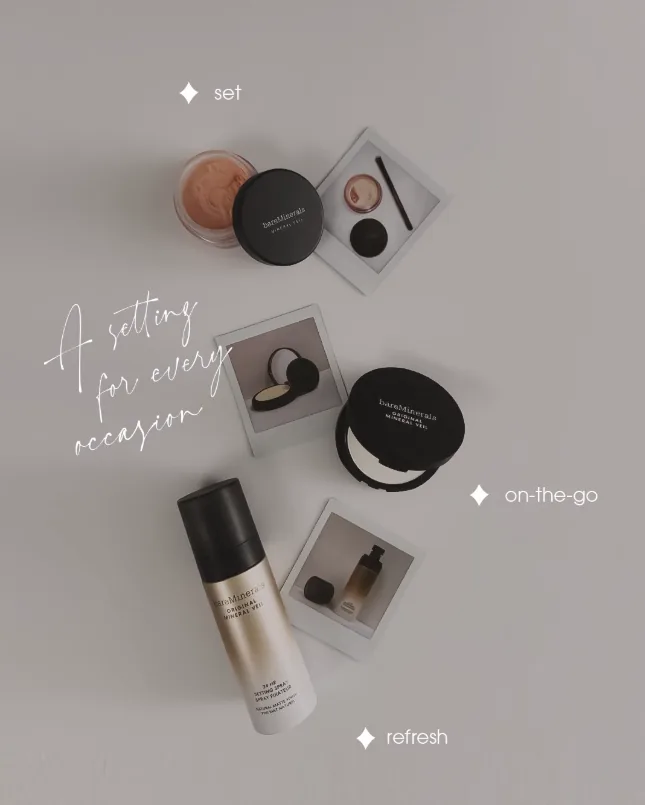 bareMinerals social flat lay of products labeled set, on-the-go and refresh under the line A setting for every occasion