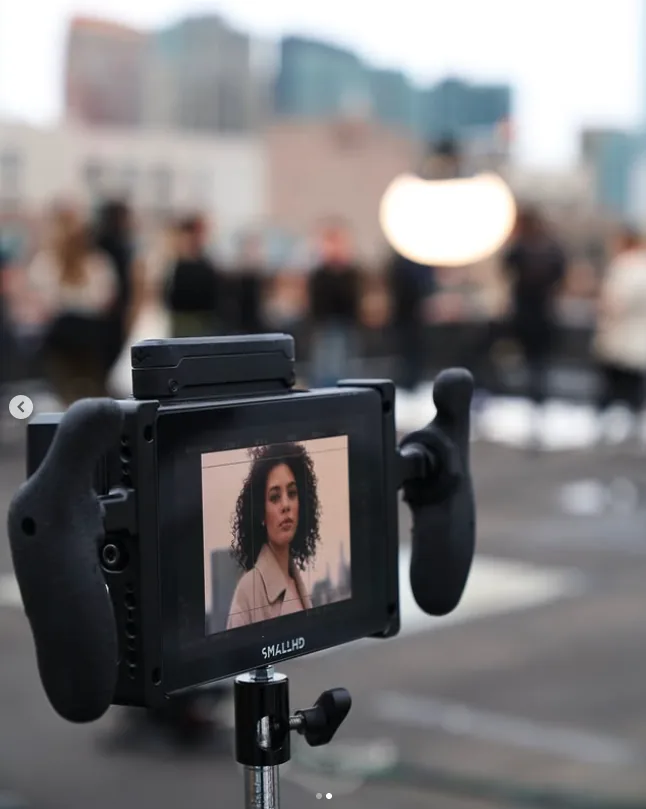 Behind the scenes on the bareMinerals shoot: a camera monitor showing the model on set