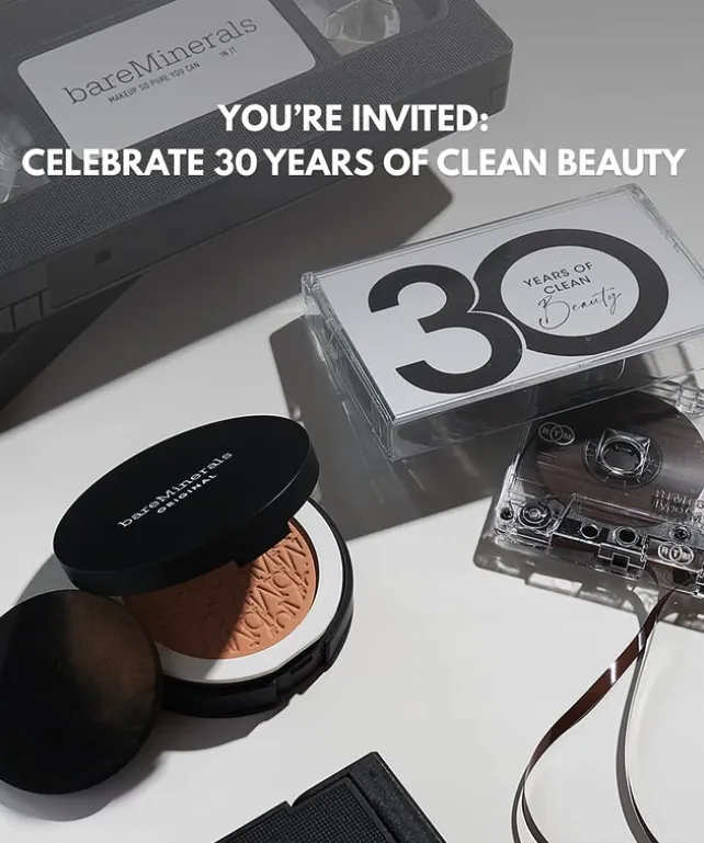bareMinerals invitation reading You're invited: celebrate 30 years of clean beauty, with a cassette tape and powder