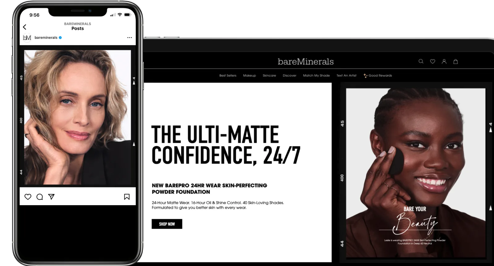 bareMinerals digital mockup: Instagram post on a phone beside a web banner reading The Ulti-Matte Confidence, 24/7