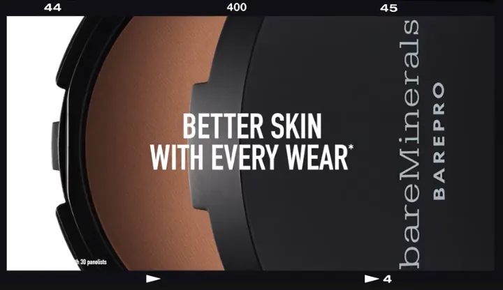 Film-strip frame of a bareMinerals video: BarePro powder compact with the line Better skin with every wear