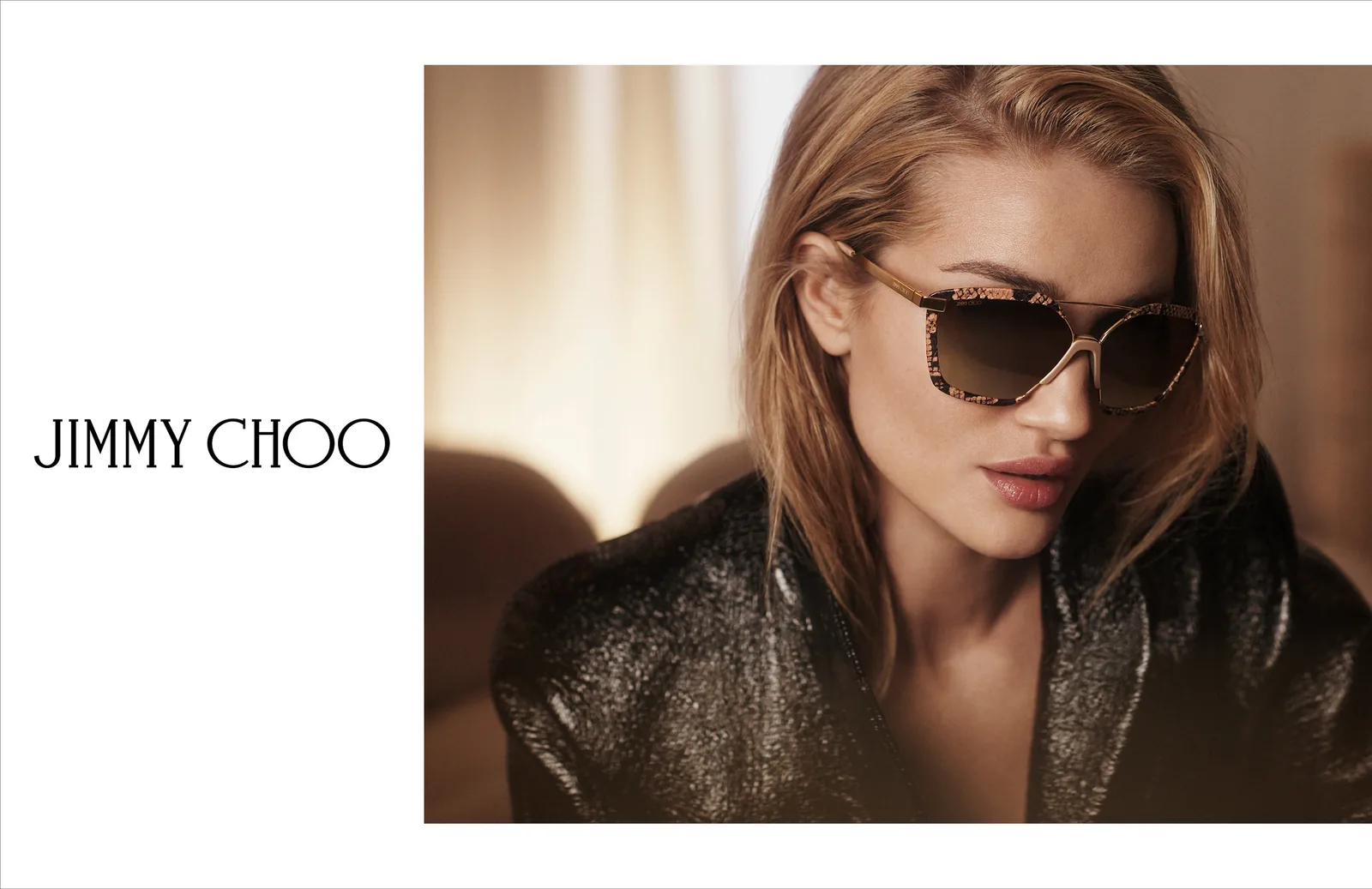 Jimmy Choo FW18 print ad layout: Rosie Huntington-Whiteley in sunglasses, with the wordmark