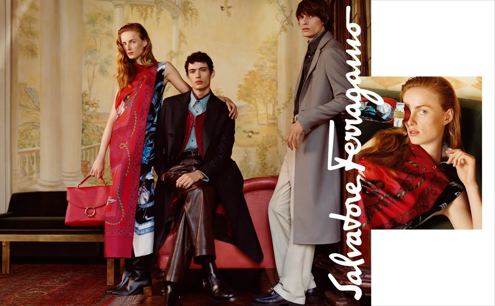 Salvatore Ferragamo FW18 campaign still: guests in red and camel in a villa room, by Harley Weir