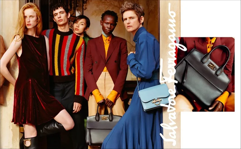 Salvatore Ferragamo FW18 campaign still: models in striped knits and velvet with handbags, by Harley Weir