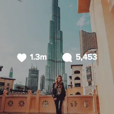 Instagram post of Gigi Hadid in front of the Burj Khalifa in Dubai, 1.3 million likes