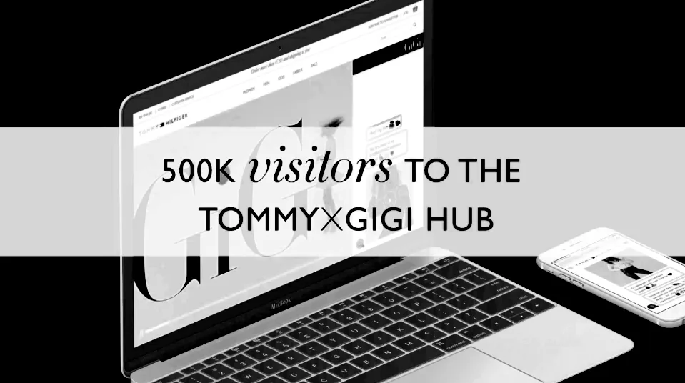 Results slide: 500K visitors to the Tommy x Gigi hub, shown on a laptop and phone