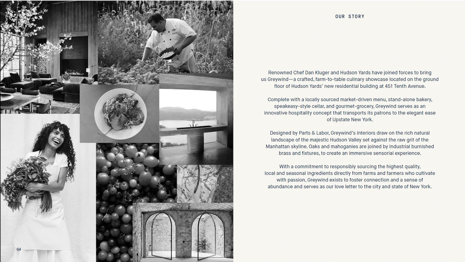 Greywind brand book Our Story spread: black and white photos of Chef Dan Kluger and produce beside the brand story