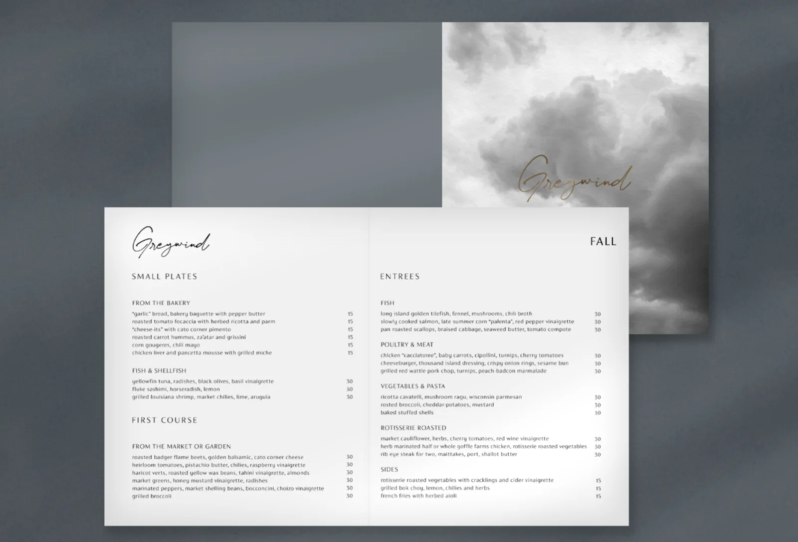 Greywind fall menu laid over a cloud-print cover