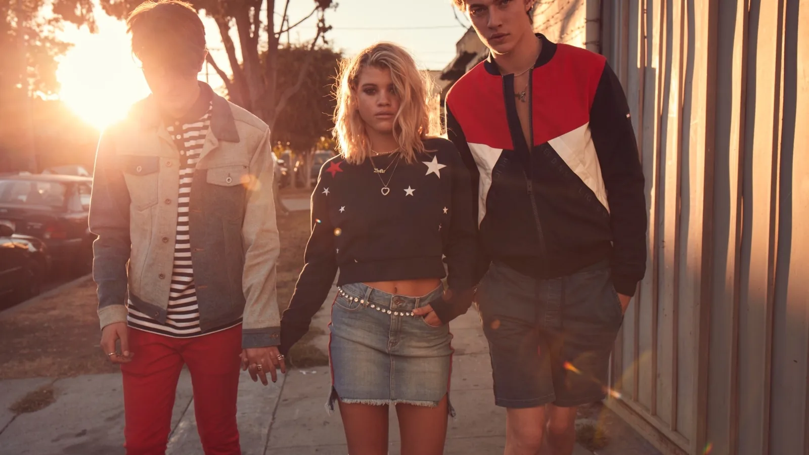 Hilfiger Denim 24/7 campaign still: Sofia Richie, Anwar Hadid and Lucky Blue Smith walking at sunset in LA