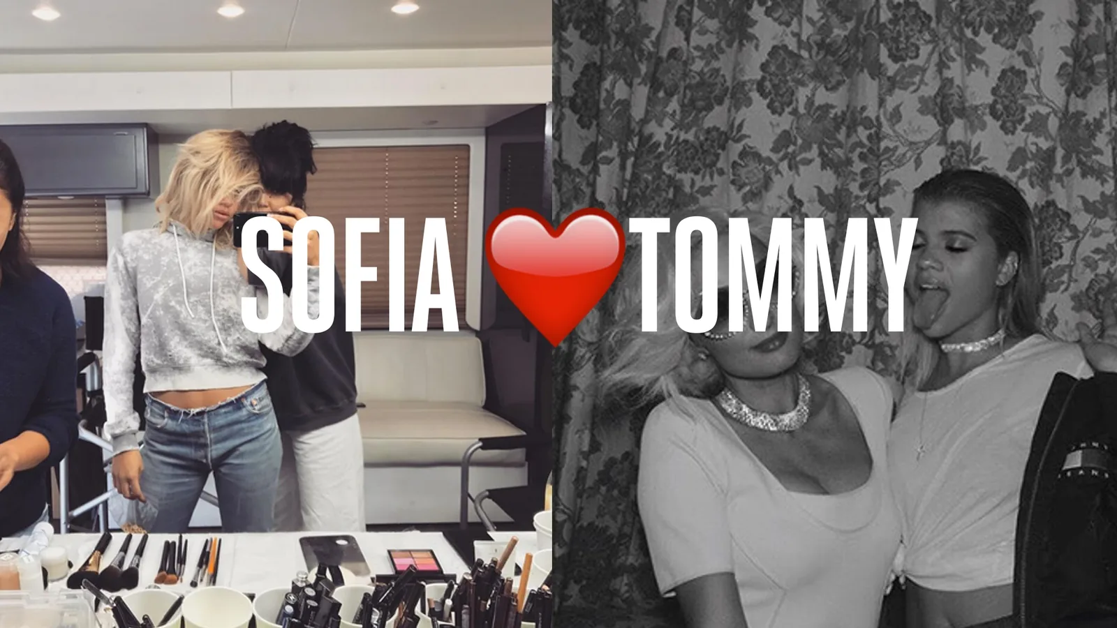Hilfiger Denim slide: Sofia loves Tommy over a black and white backstage photo of Sofia Richie