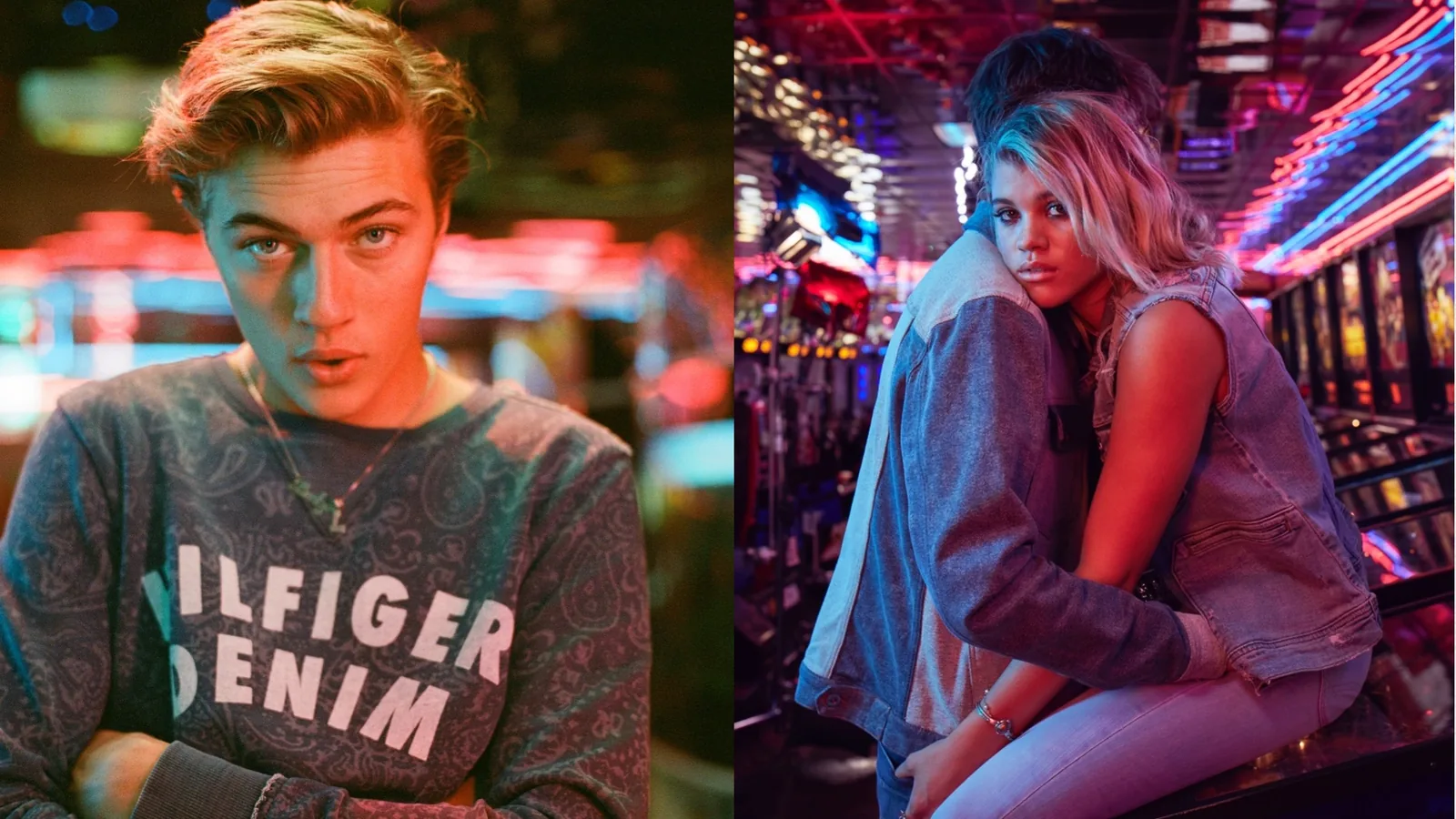 Hilfiger Denim 24/7 stills: Lucky Blue Smith in a logo sweatshirt and Sofia Richie in a neon-lit arcade