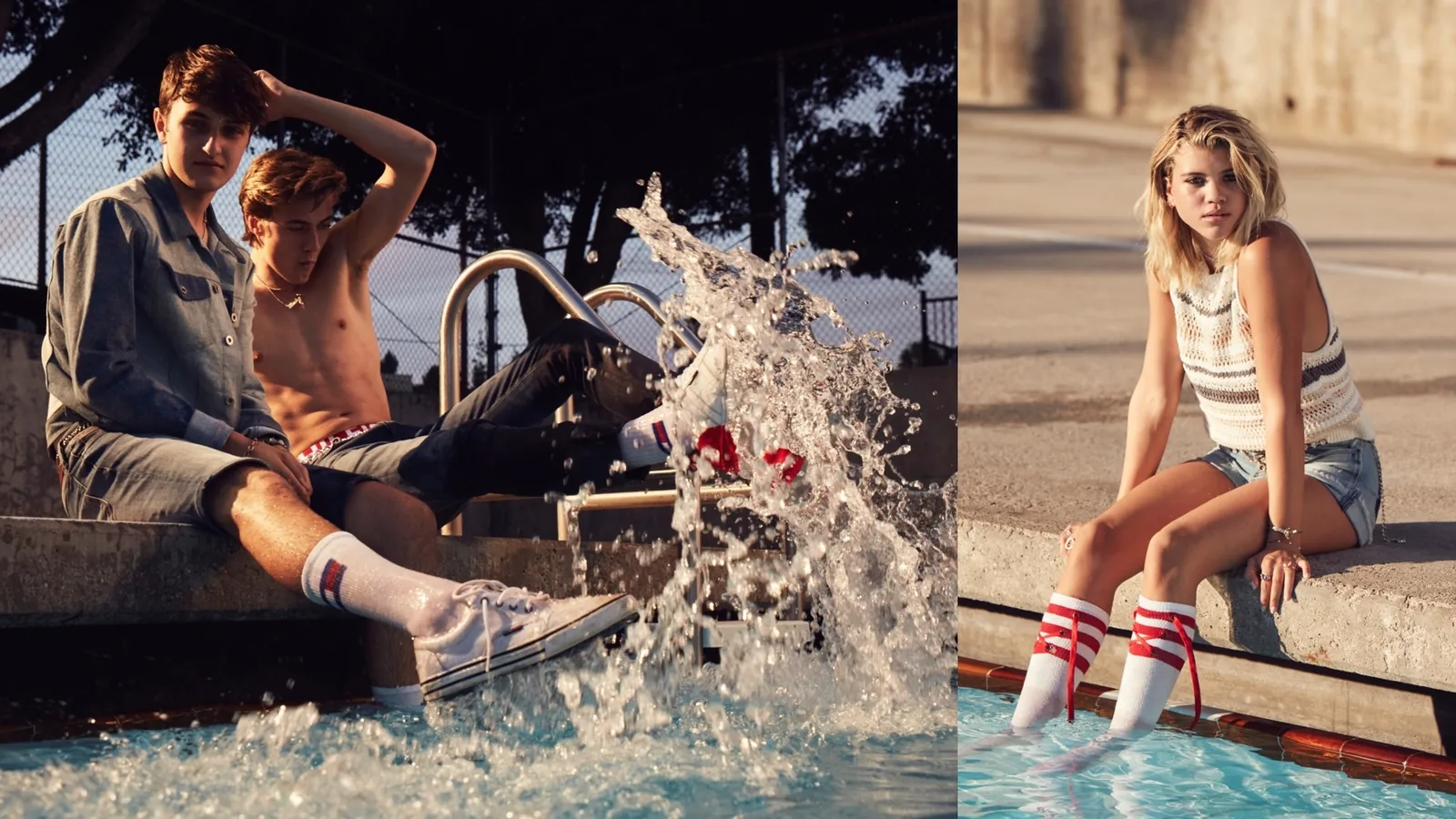 Hilfiger Denim 24/7 stills: Anwar Hadid and Lucky Blue Smith splashing in a pool, Sofia Richie poolside