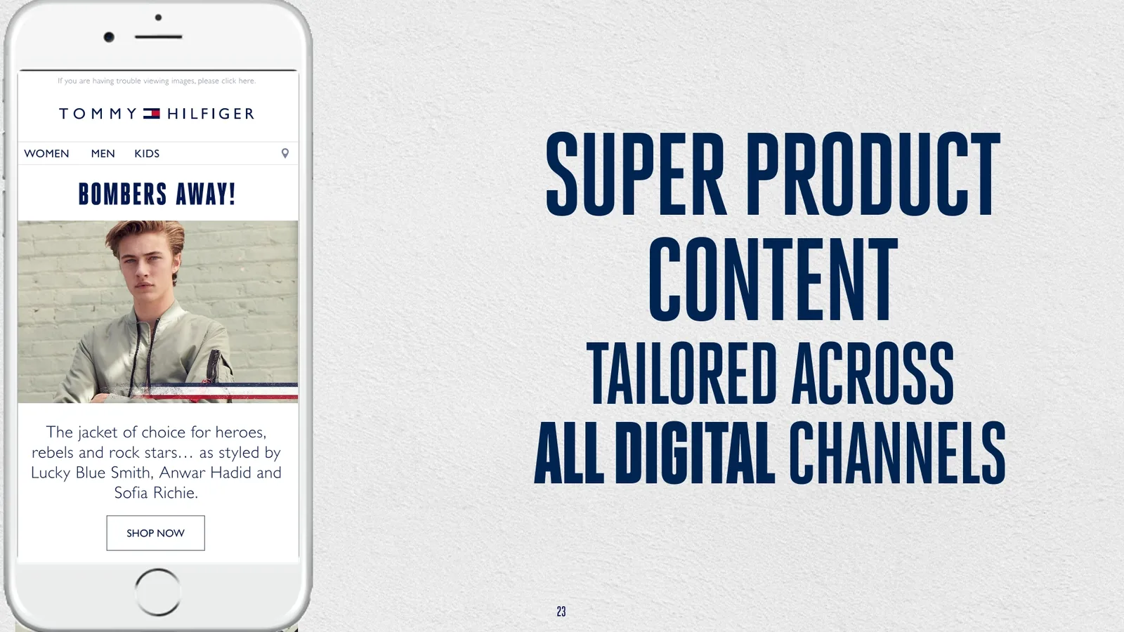 Hilfiger Denim slide: Super product content tailored across all digital channels, with a phone mockup