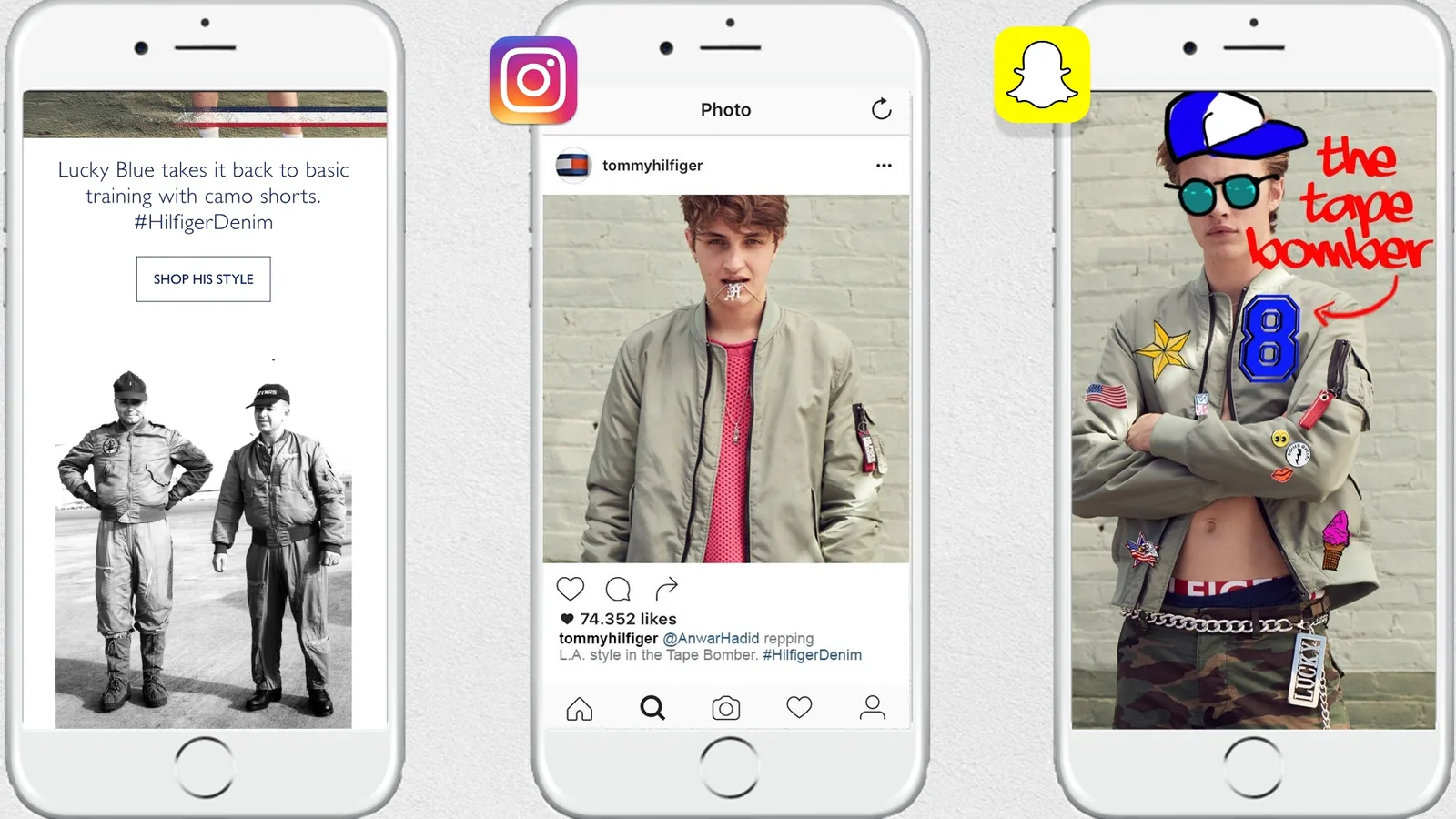 Hilfiger Denim slide: tommy.com, Instagram and Snapchat screens of Lucky Blue Smith in the tape bomber