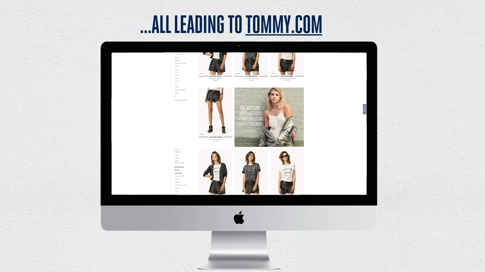 Hilfiger Denim slide: a desktop showing the tommy.com shop page, all leading to tommy.com