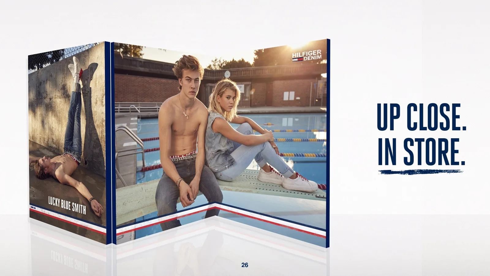 Hilfiger Denim slide: Up close, in store, with a poolside campaign display of Lucky Blue Smith and Sofia Richie
