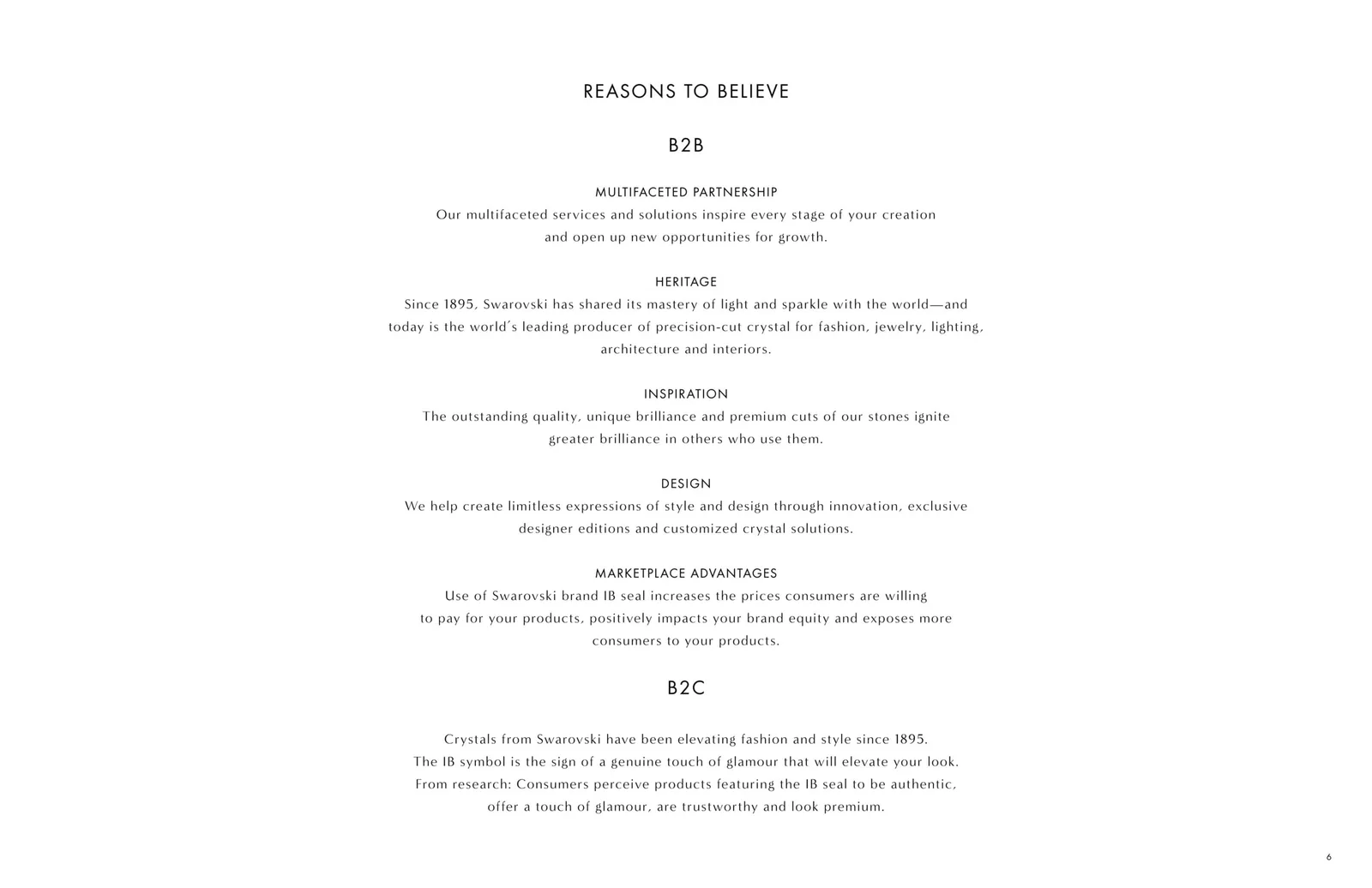 Swarovski Brilliant Inspiration brand book page: Reasons to believe, B2B and B2C copy
