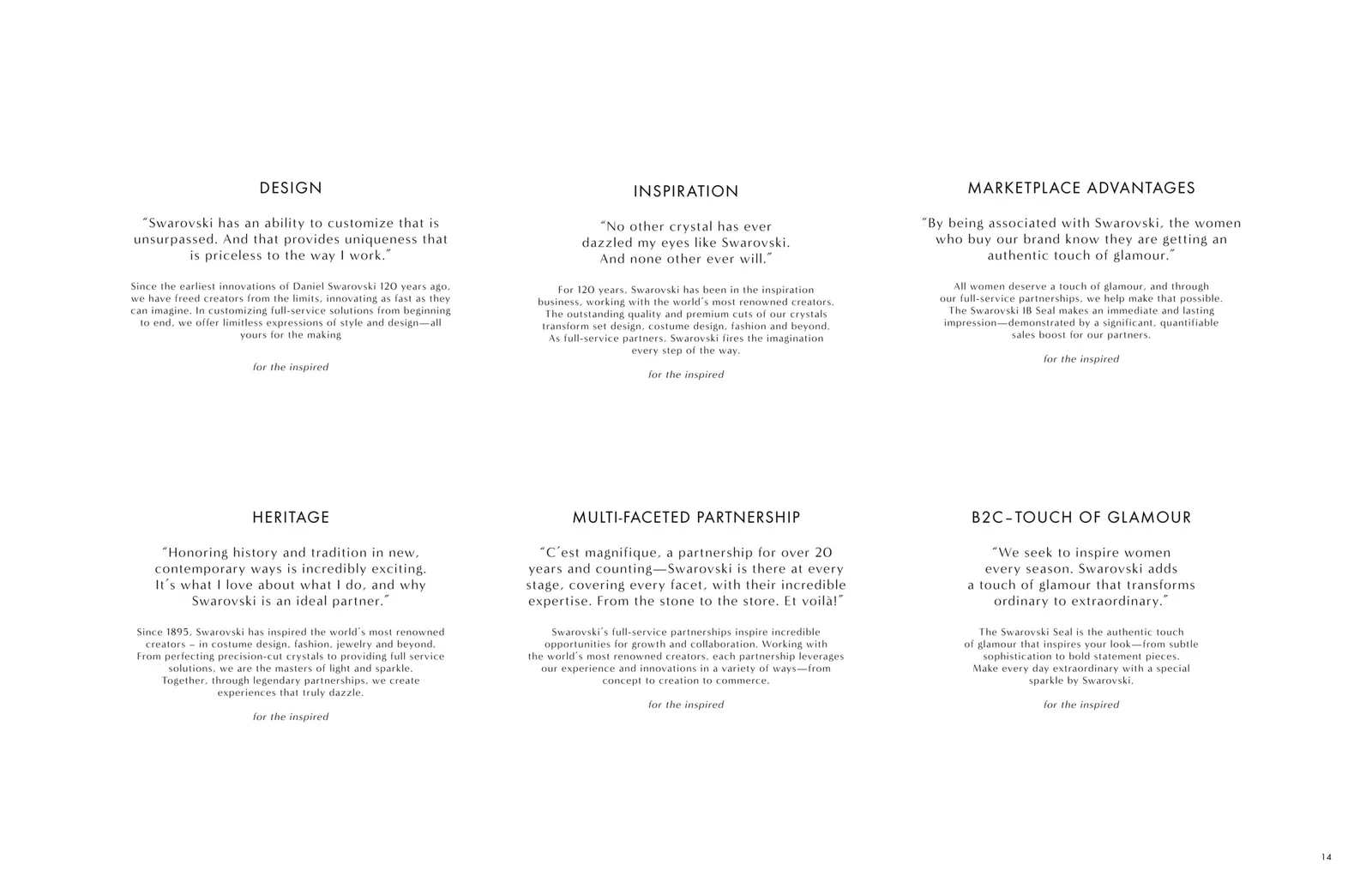 Swarovski brand book spread: six columns of copy on design, inspiration, heritage and partnership