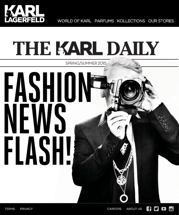 Animated Karl.com emailer: The Karl Daily Spring/Summer 2015, Fashion News Flash, Karl Lagerfeld holding a camera