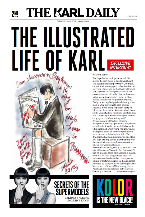 The Karl Daily front page: The illustrated life of Karl, exclusive interview, with a sketch of Karl drawing