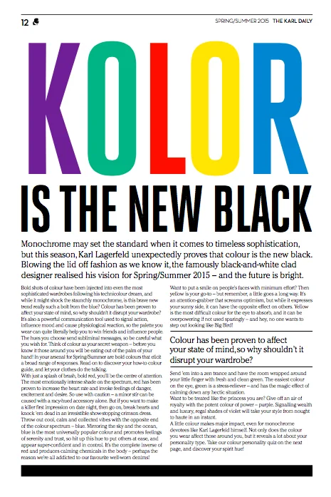 The Karl Daily feature page: Kolor is the new black in rainbow letters above the article