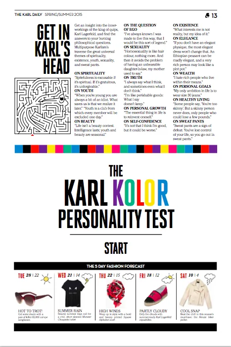 The Karl Daily page: Get in Karl's head maze, The Karl Kolor Personality Test and a five-day fashion forecast