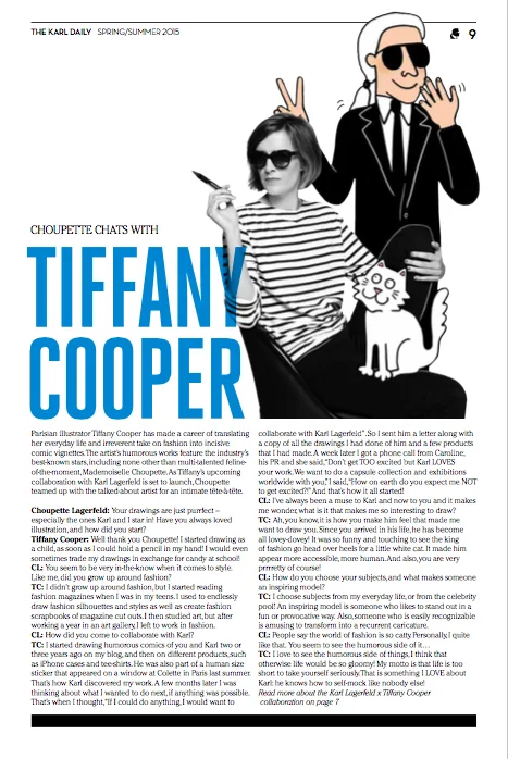 The Karl Daily page: Choupette chats with Tiffany Cooper, illustrated interview with Karl and his cat