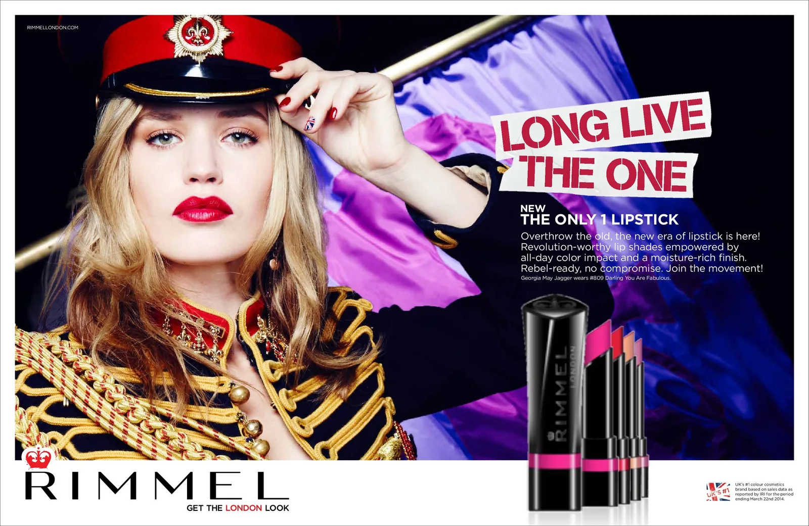 Rimmel London ad Long Live The One: Georgia May Jagger in a military jacket and cap with The Only 1 lipsticks