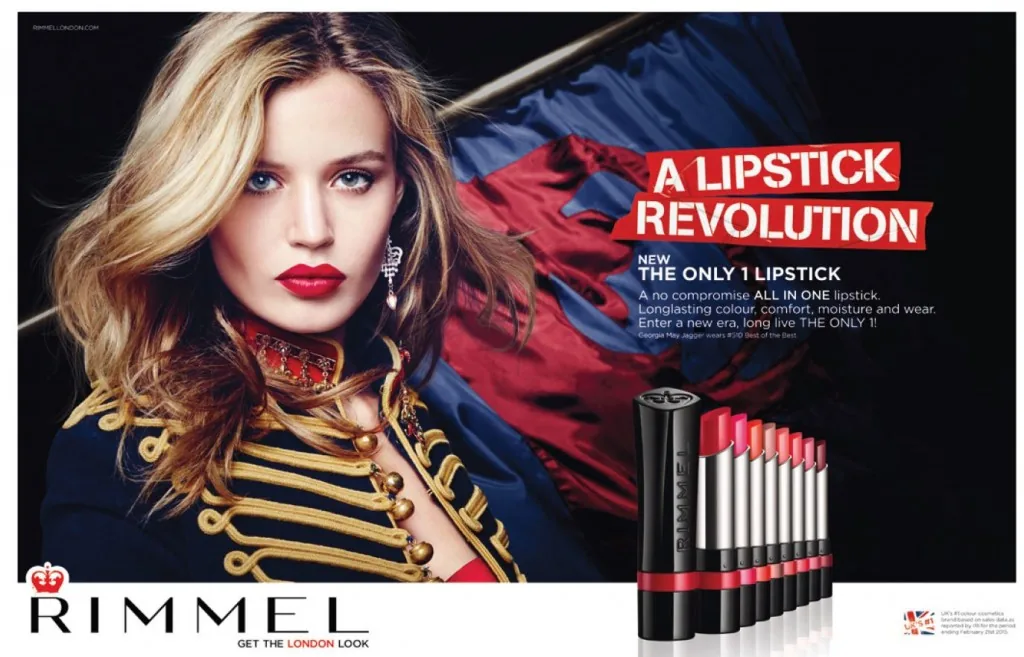 Rimmel London ad A Lipstick Revolution: Georgia May Jagger in a military jacket with The Only 1 lipstick range