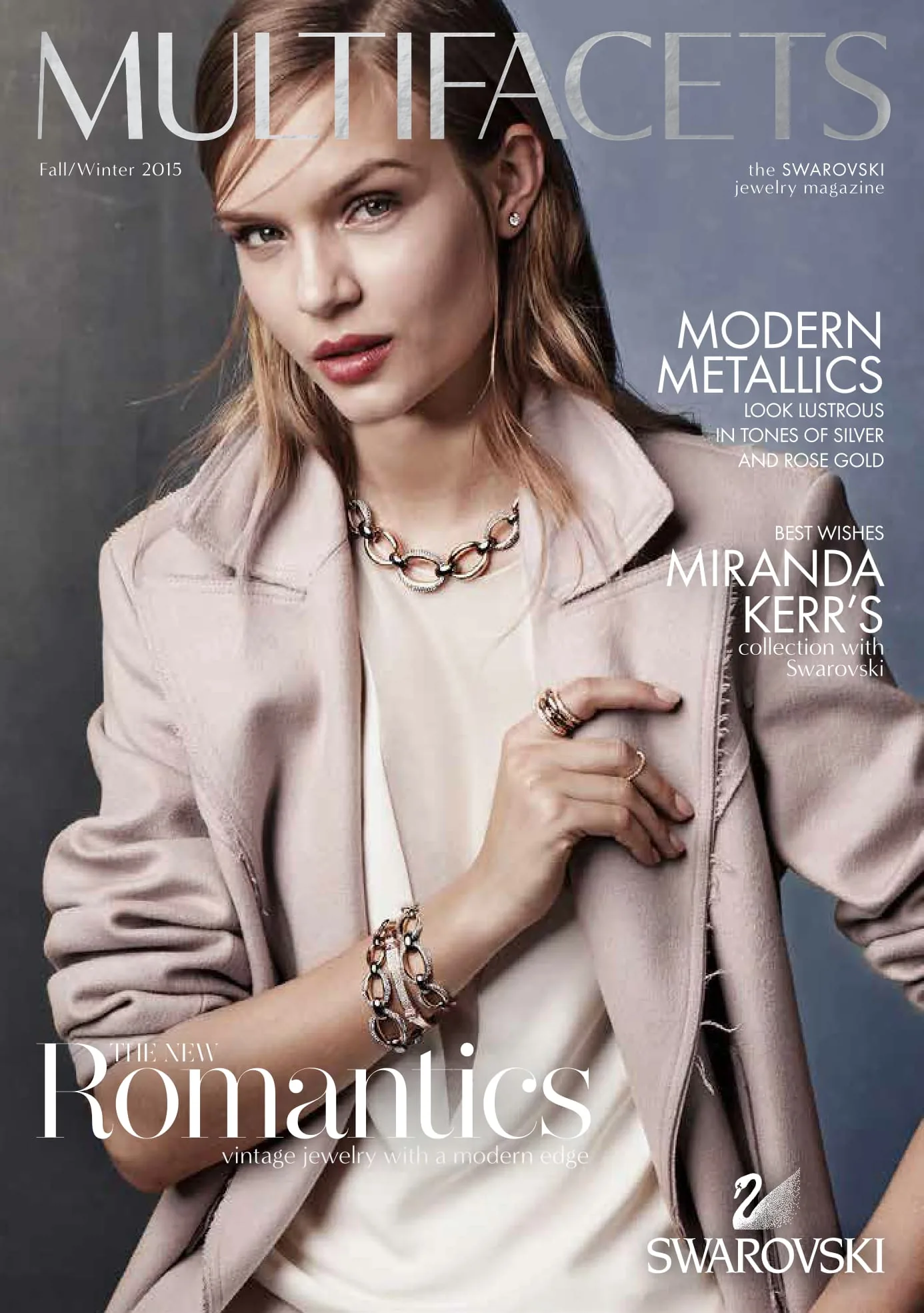 Multifacets magazine cover, Fall/Winter 2015: The New Romantics, model in a blush coat and crystal necklace