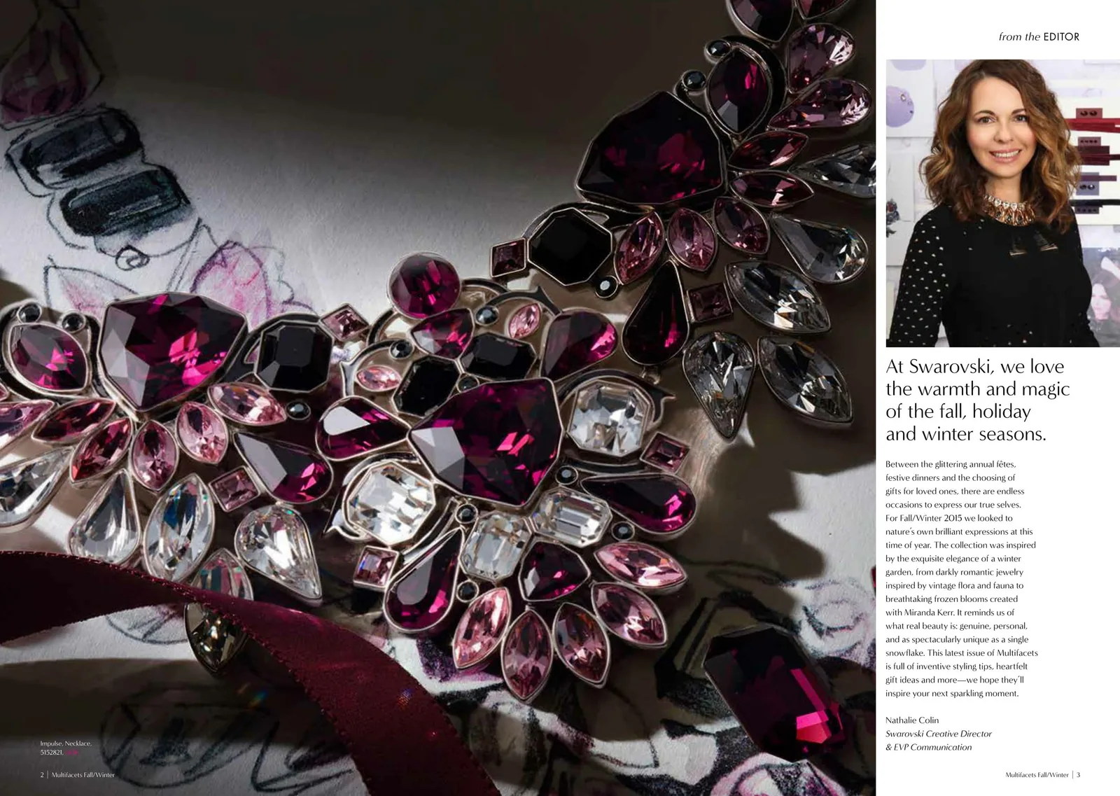 Multifacets spread: close-up of a pink and purple crystal statement necklace beside the editor's letter
