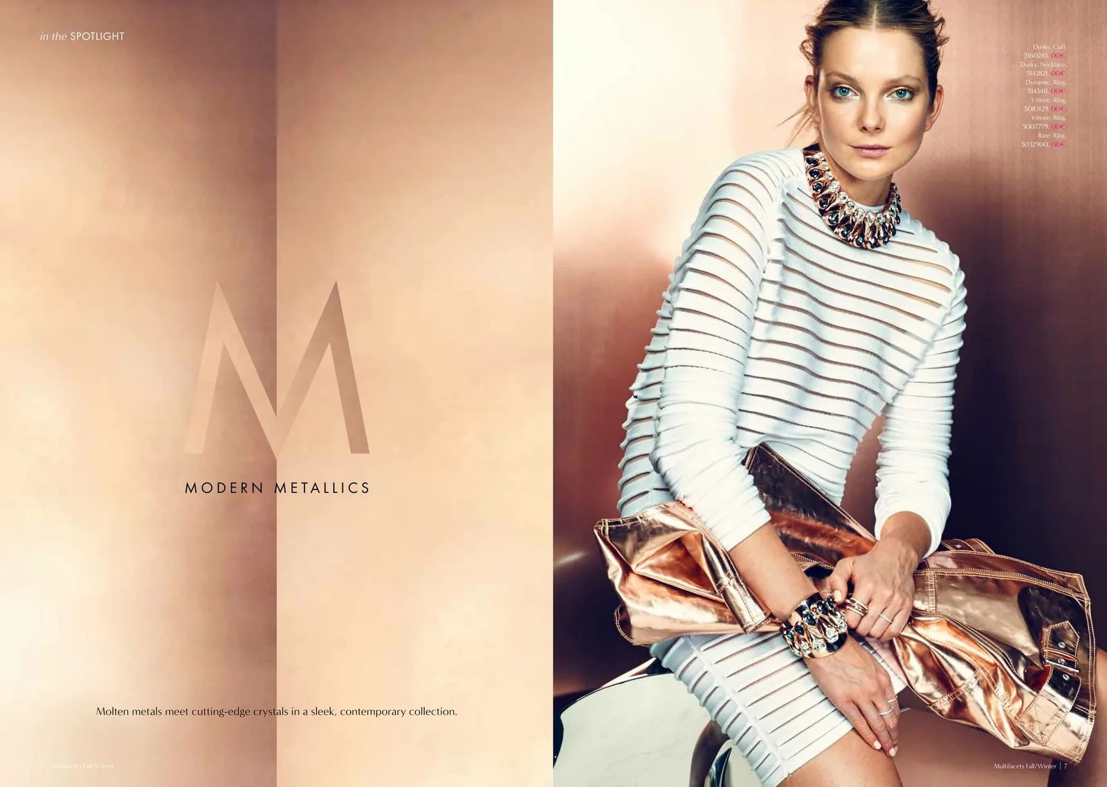 Multifacets Modern Metallics opener: model in a striped top with a rose-gold clutch
