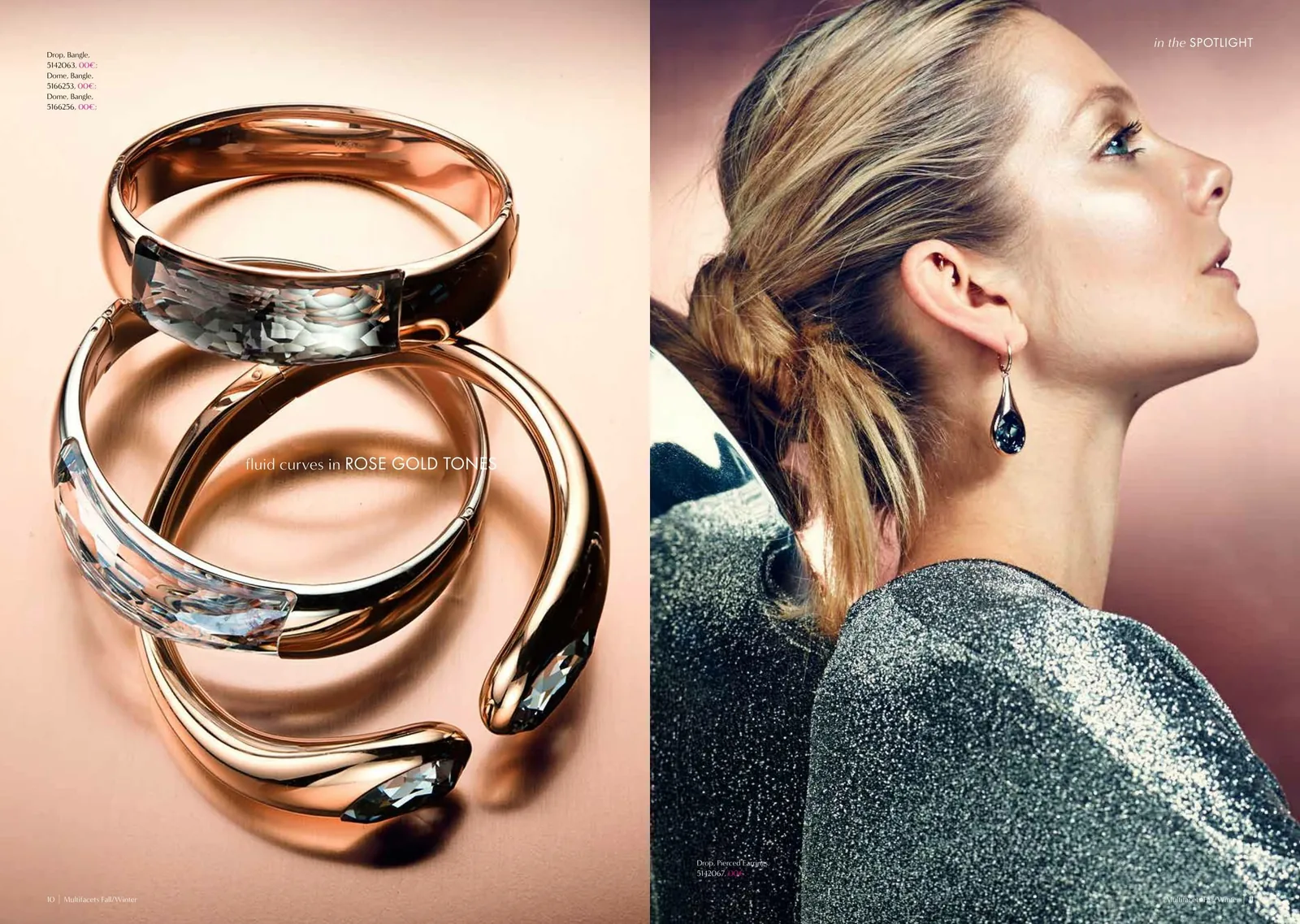 Multifacets spread: rose-gold cuffs with crystal beside a model in profile wearing a drop earring
