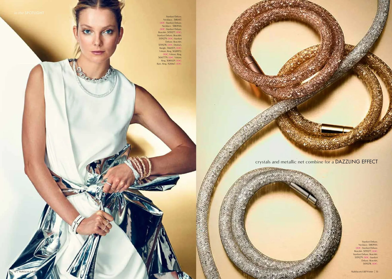 Multifacets spread: model in a white dress beside coiled crystal mesh bangles, a dazzling effect