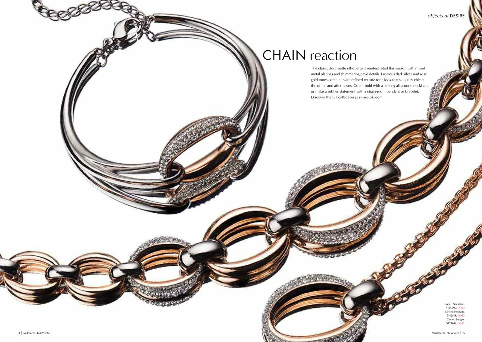 Multifacets Chain Reaction spread: silver and rose-gold chain bracelets and necklaces