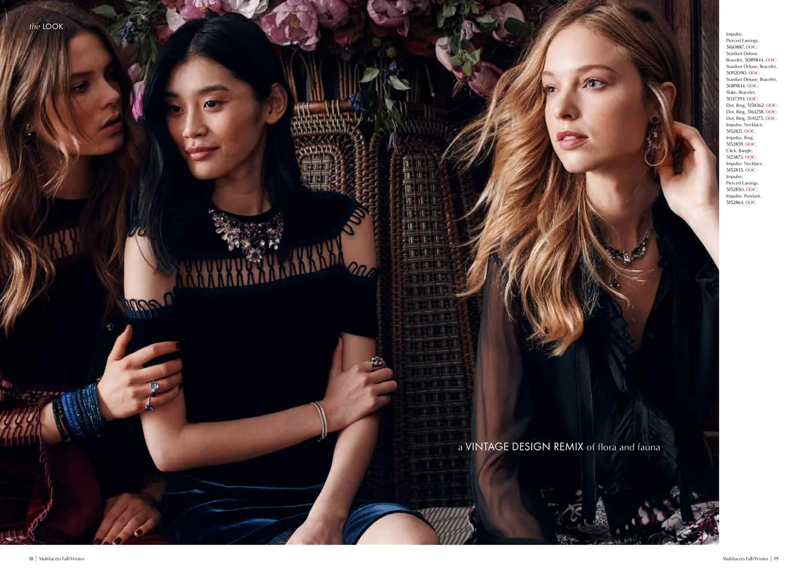 Multifacets spread: three models in dark romantic looks with crystal jewelry, vintage design remix