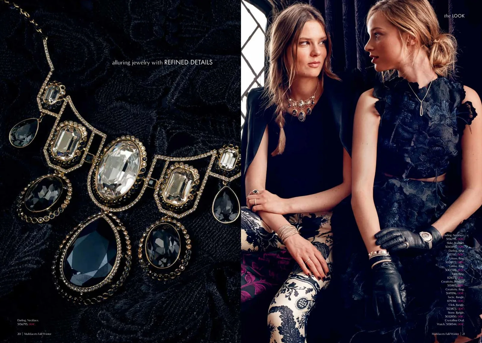 Multifacets spread: close-up of a crystal necklace beside two models in black