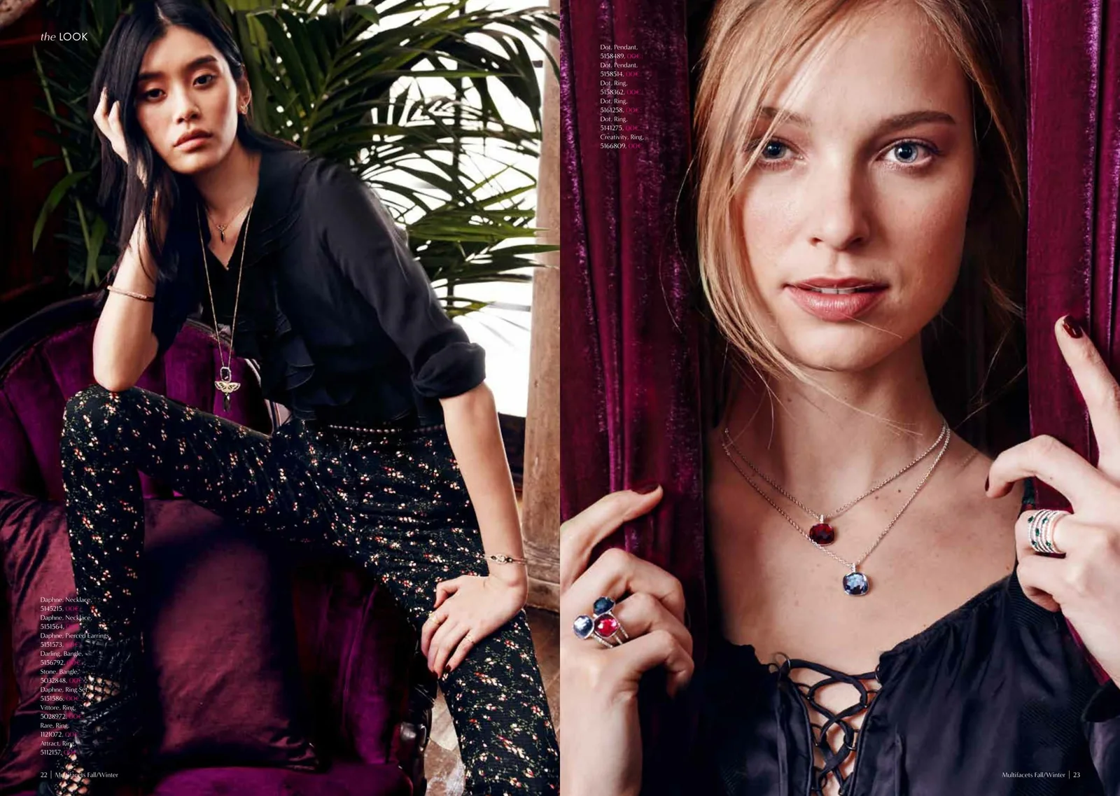 Multifacets spread: two models with pendant necklaces and rings in a velvet-draped room