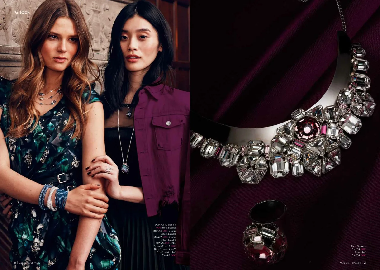 Multifacets spread: two models in teal prints beside a statement necklace with a pink crystal