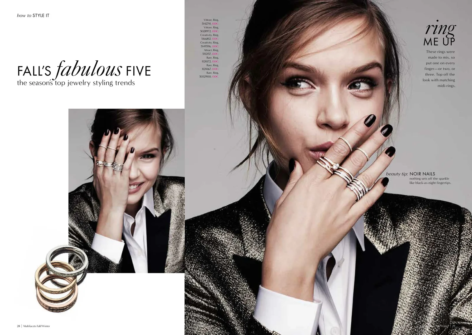 Multifacets spread Fall's fabulous five, Ring me up: model with stacked rings and dark nails