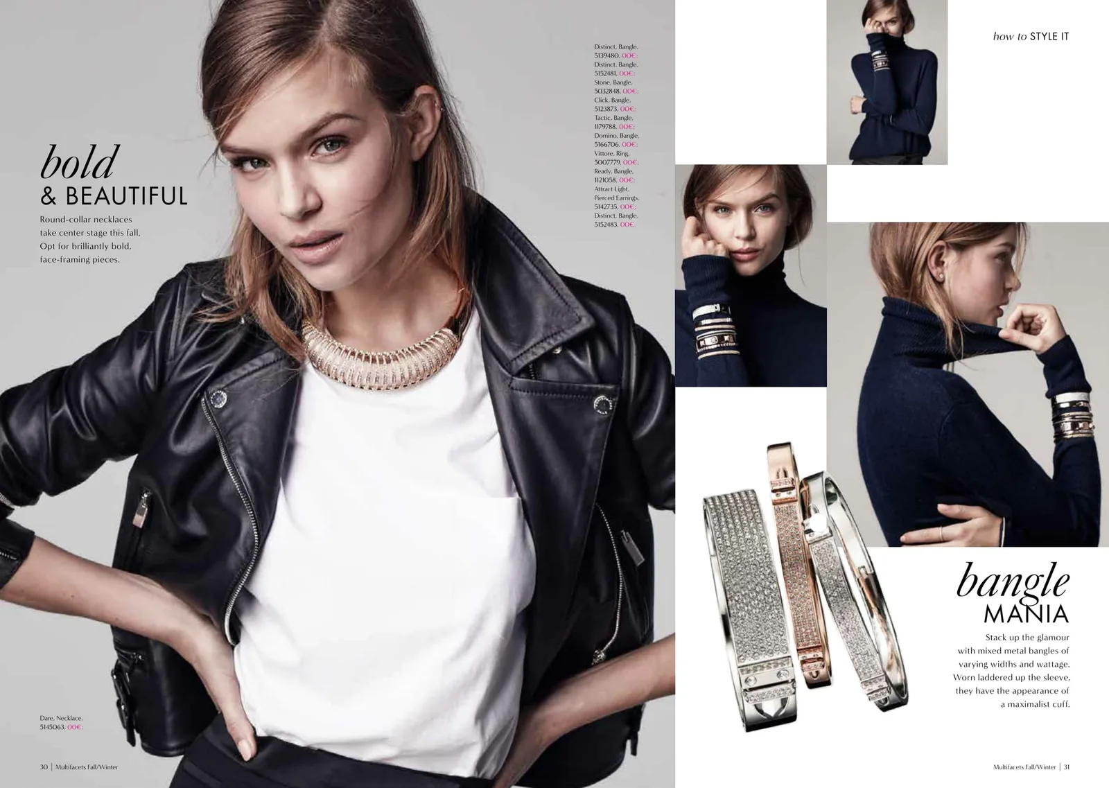 Multifacets spread Bold and beautiful, Bangle mania: model in a leather jacket with stacked bangles