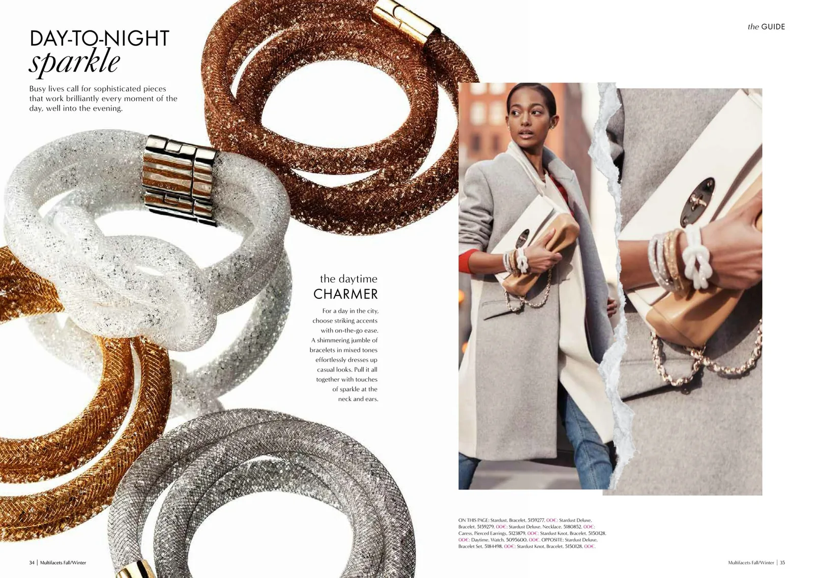 Multifacets spread Day-to-night sparkle: crystal mesh bangles beside a daytime look