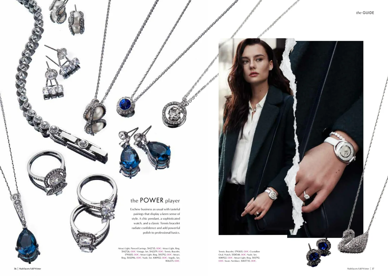 Multifacets spread The power player: silver pendants, rings and sapphire earrings with a model in a blazer