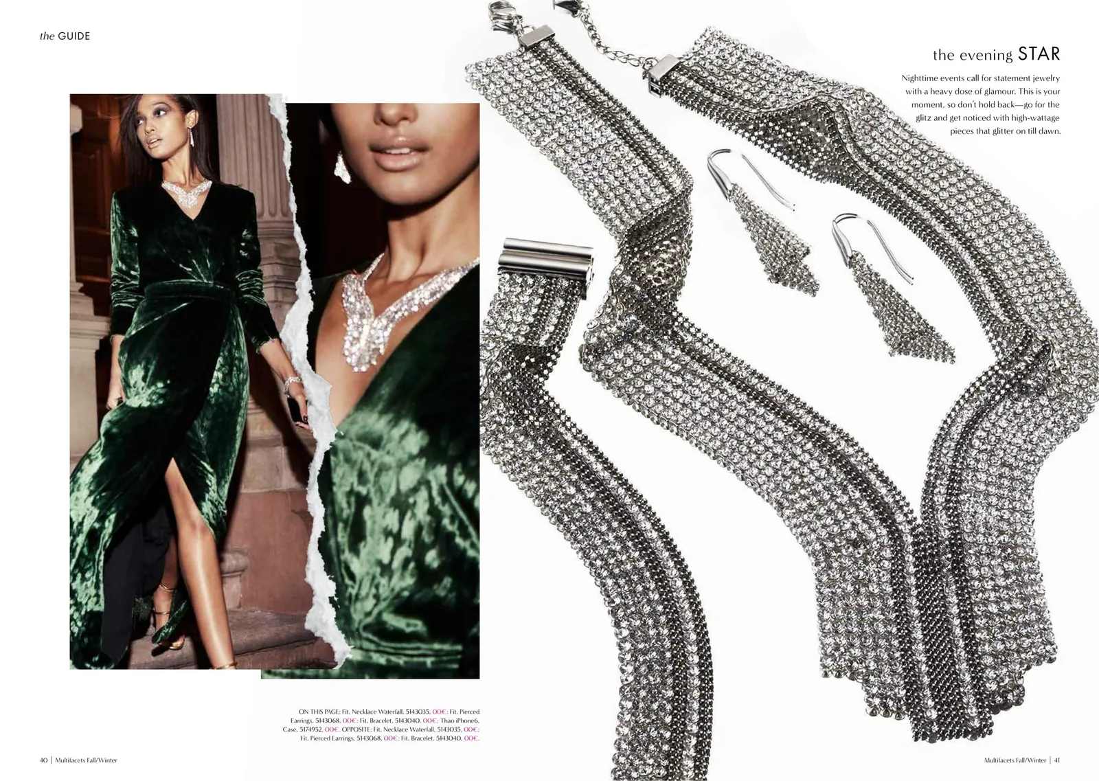 Multifacets spread The evening star: crystal mesh necklace and earrings with a model in green velvet