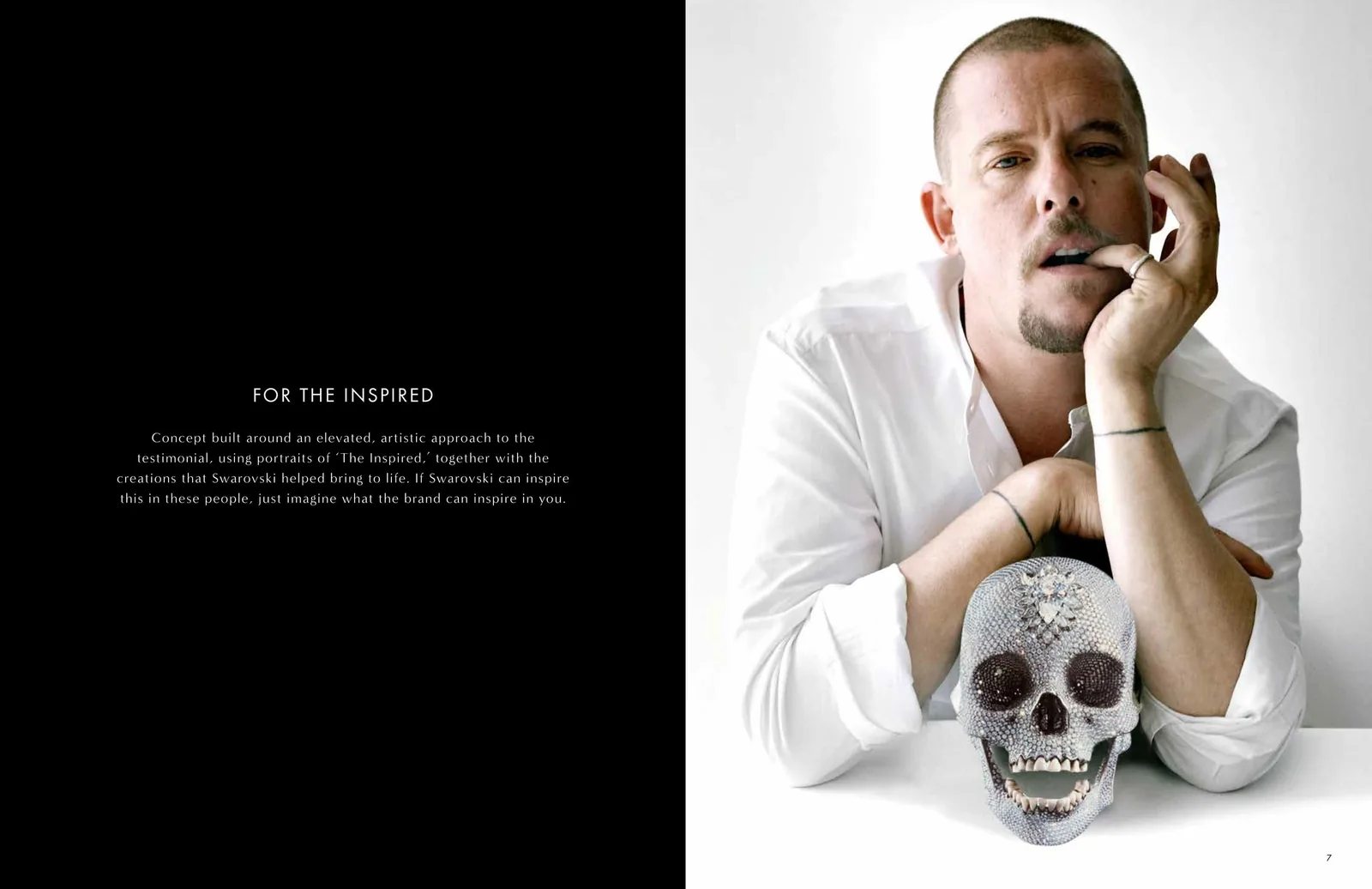 Swarovski brand book spread: For the inspired copy beside Alexander McQueen resting on a crystal skull