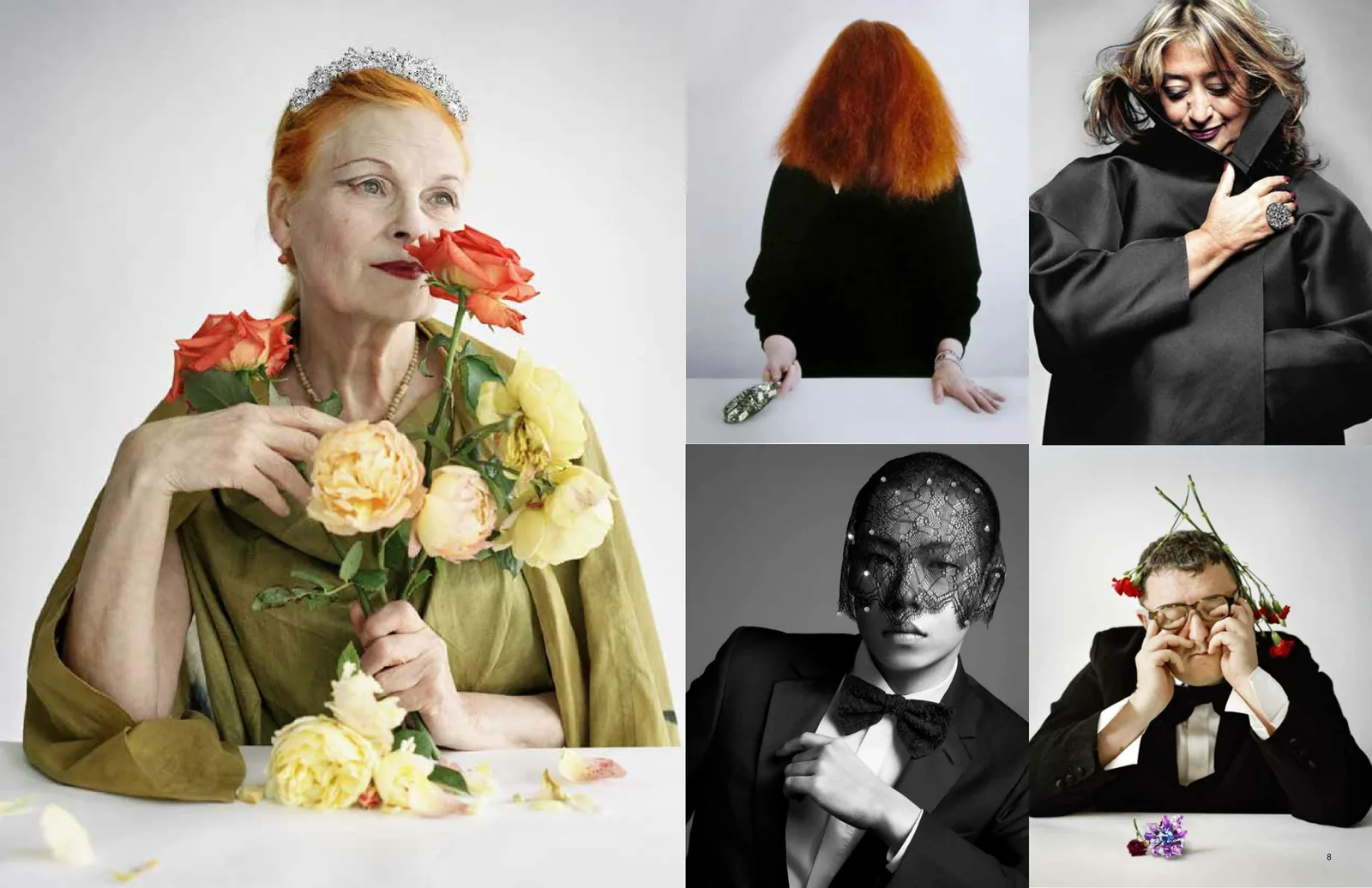 Swarovski brand book spread: Vivienne Westwood holding roses beside a grid of four designer portraits