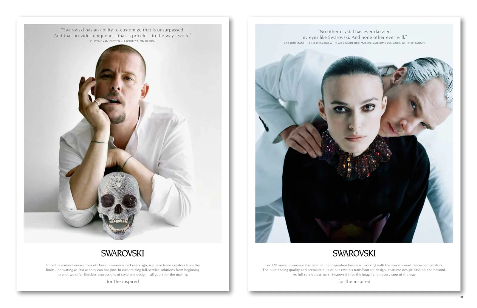 Swarovski brand book spread: two ad pages, Alexander McQueen with a crystal skull and a couple in crystals