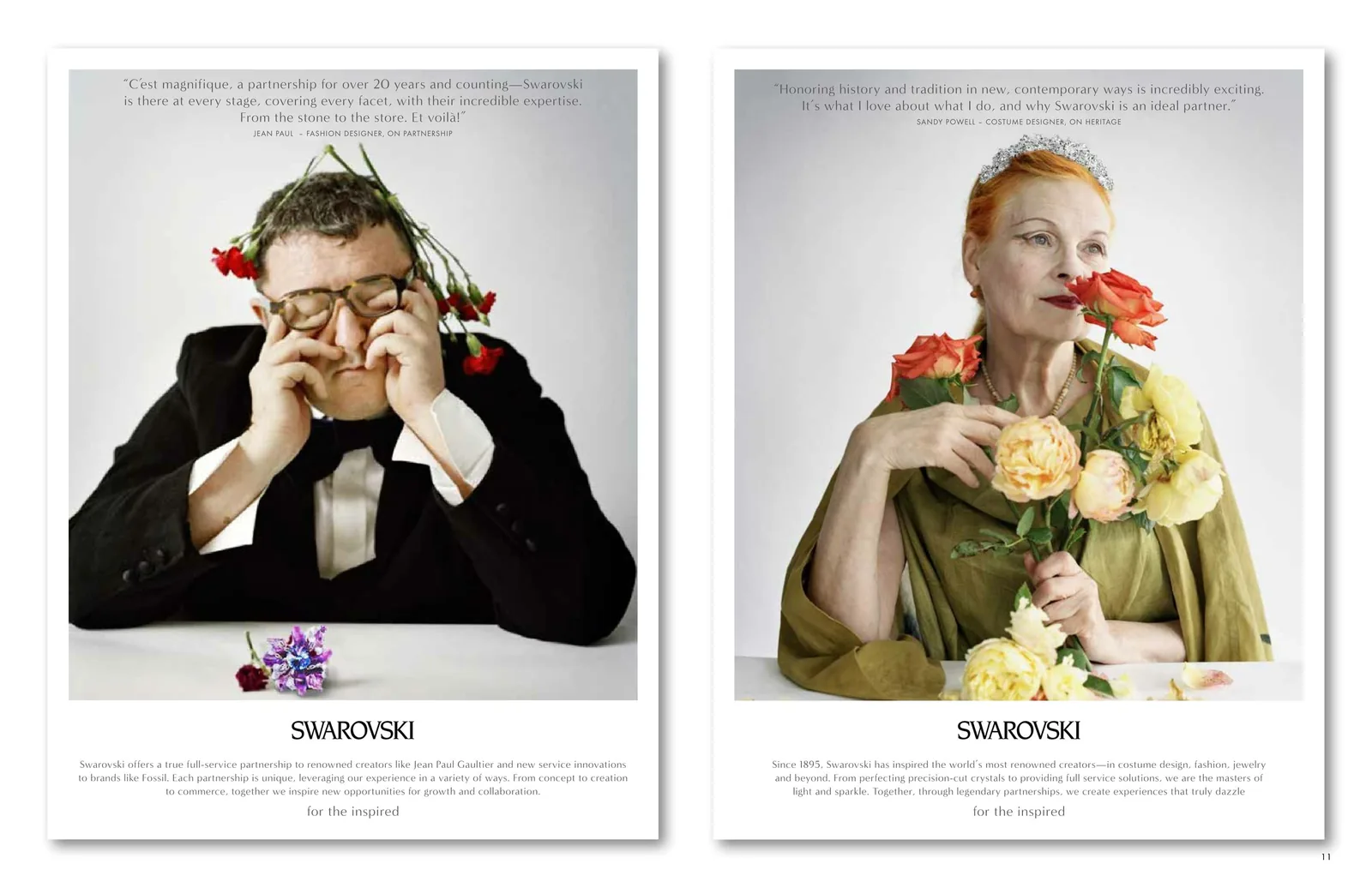 Swarovski brand book spread: two ad pages, a designer with hands over his glasses and Vivienne Westwood