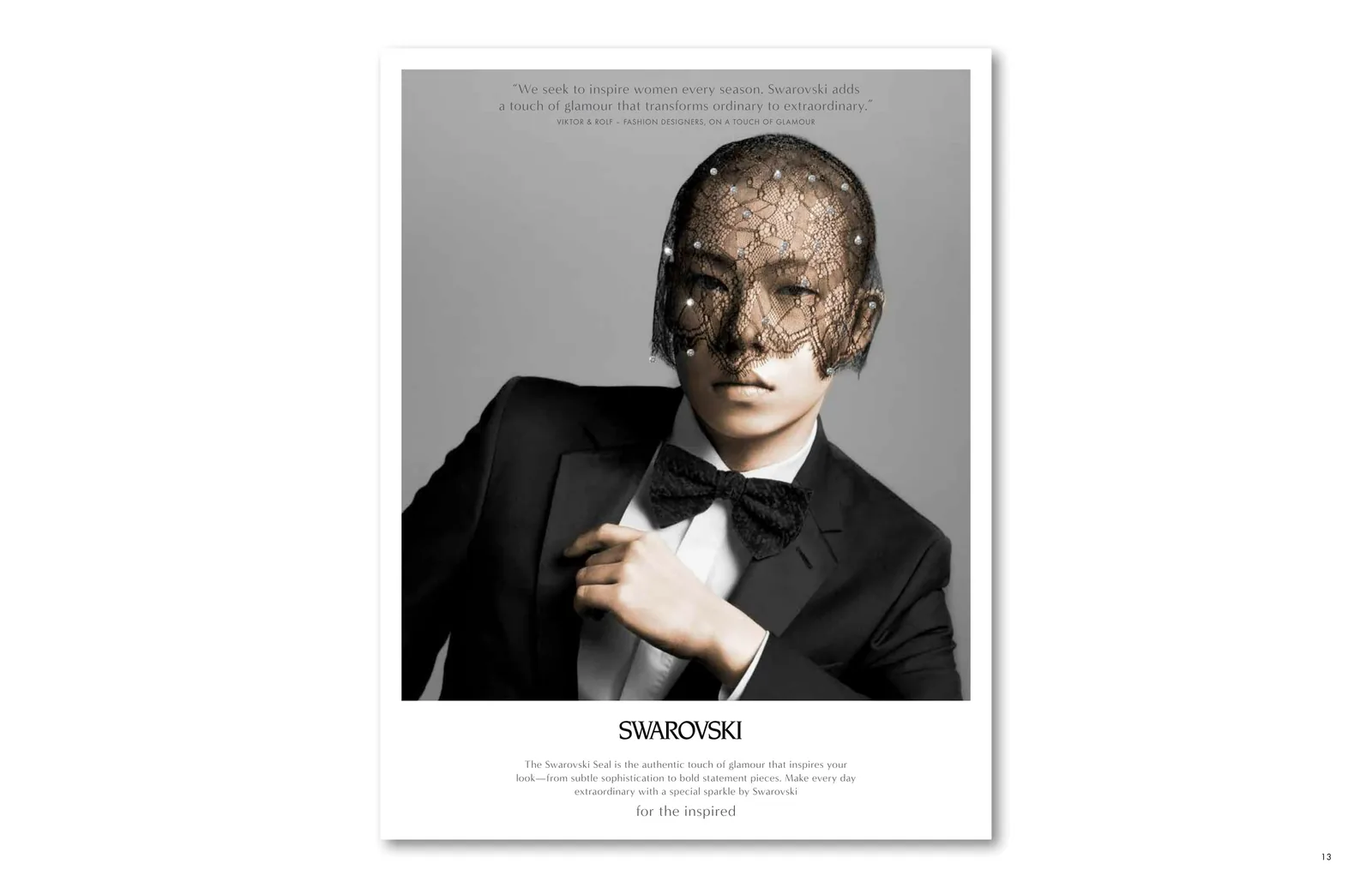 Swarovski brand book page: ad of a figure in a tuxedo wearing a crystal lace veil