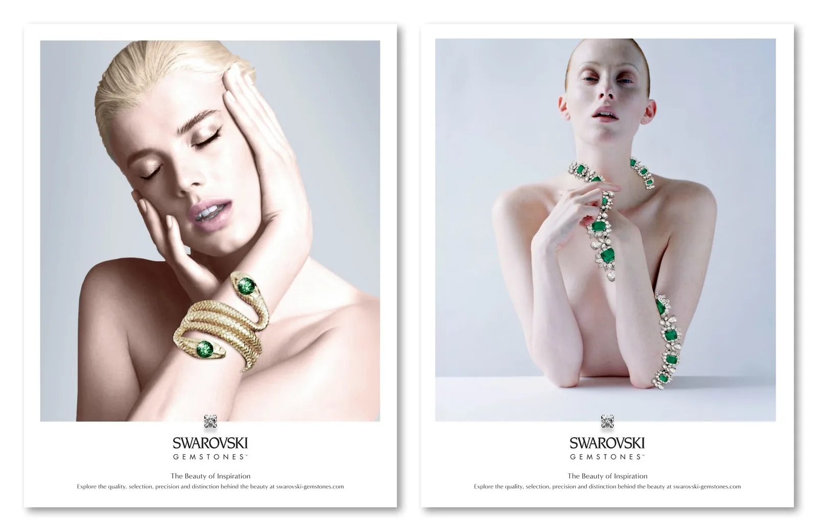 Two Swarovski Gemstones ads: a platinum blonde with a gold snake bracelet and a red-haired model in emeralds